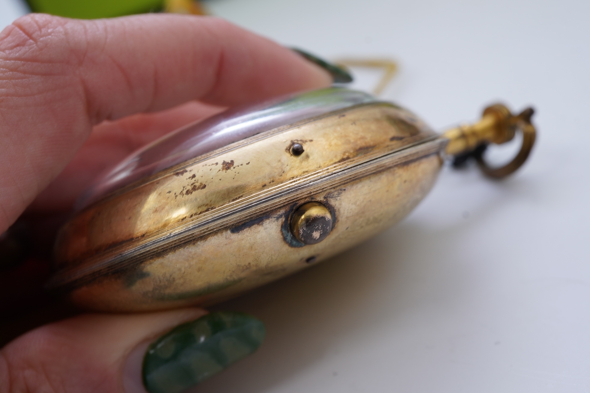 A George III silver gilt pair cased rack lever keywind pocket watch by P. Litherland & Co, Liverpool, with Roman dial and subsidiary seconds (hand missing)